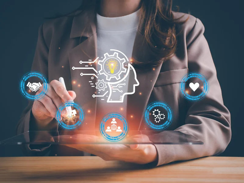 Professional woman holding a tablet with digital productivity and skills icons illustrating the Sarden Learning Personal Efficiency Program