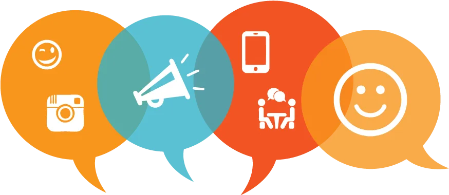 Colorful speech bubbles with communication icons representing ways to contact Sarden Learning for training enquiries