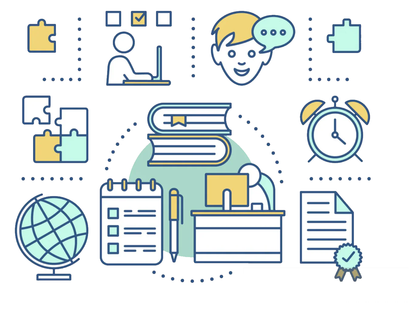 Instructional design elements showing books, learning modules, checklists and certification components for custom training course development